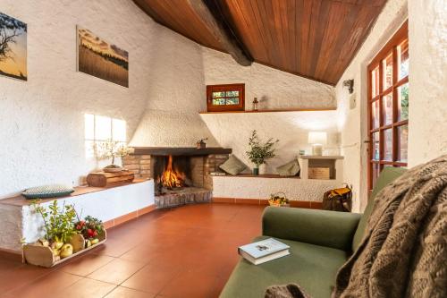 a living room with a couch and a fireplace at Tenuta di Poggio Cavallo in Istia dʼOmbrone