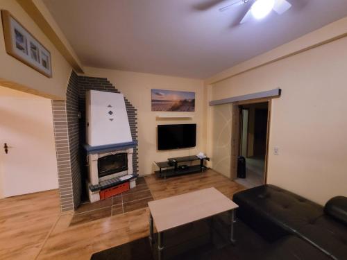 a living room with a fireplace and a tv at Familienfreundliche Fewo MV Malchin in Malchin