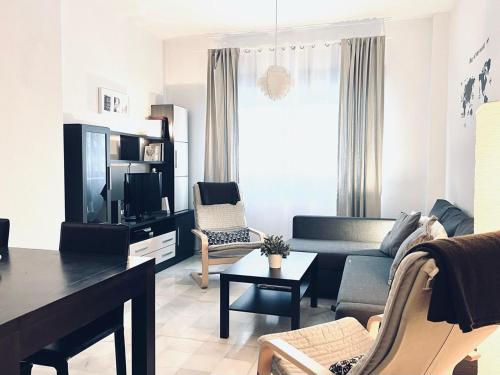 ein Wohnzimmer mit einem Sofa und einem TV in der Unterkunft Apartamento Pintor Palomino in Córdoba