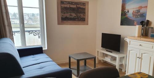 un salon avec un canapé bleu et une télévision dans l'établissement Gîtes des Cygnes vue sur Loire et linge inclus, à Blois