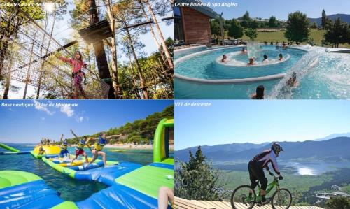 a collage of photos with people at a water park at Panoramic Les Angles in Les Angles