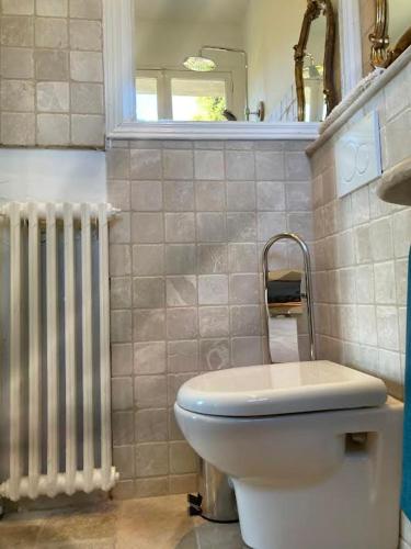 a bathroom with a white toilet and a radiator at La Viste - SPA-JACUZZI - MASSAGE- SAUNA - 4 SAISONS - Piscine Chauffée Toute l'année - Heated POOL - 800m City Centre in Nyons