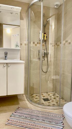 une salle de bain avec douche et lavabo dans l'établissement Vue mer panoramique et piscine, à Bandol