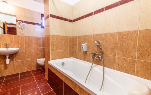 a bathroom with a tub and a toilet and a sink at Borhotel Sziluett Farkasmály in Gyöngyös