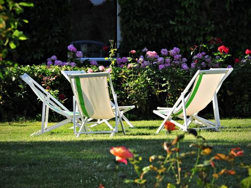 dwa krzesła ogrodowe siedzące w trawie z kwiatami w obiekcie Petit Garros w mieście Fronsac