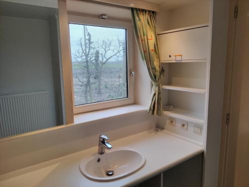 een badkamer met een wastafel en een raam bij De Maretak in Meetkerke