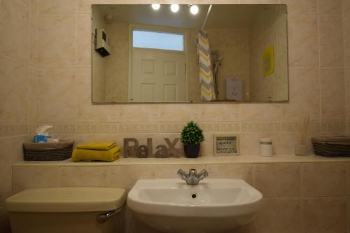 een badkamer met een wastafel en een spiegel en een toilet bij Prime Location Apartment in Belfast