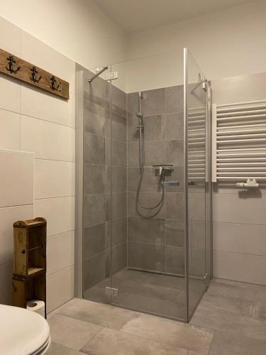 a shower with a glass door in a bathroom at Hofquartier in Rostock