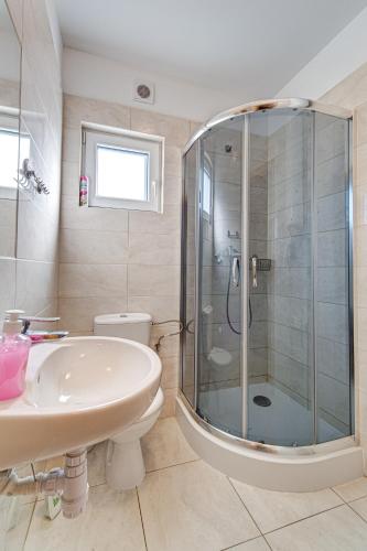 a bathroom with a shower and a sink and a toilet at Pustkowo Domki Wakacyjne u Marka in Pustkowo