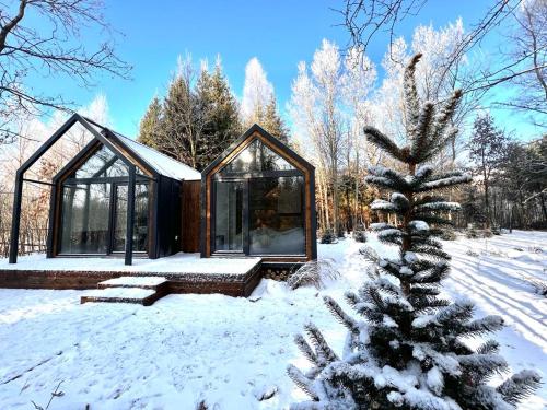 une cabine dans la neige avec un sapin de Noël dans l'établissement Odpoczynek Domki Pod Dębem z Opcją Jacuzzi, à Ćmińsk