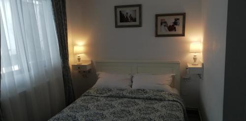 a bedroom with a bed with two pillows and two lamps at Vila Chic M in Moieciu de Jos