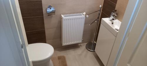 a bathroom with a white toilet and a radiator at BE-LE-VALÓ APARTMAN in Szécsény