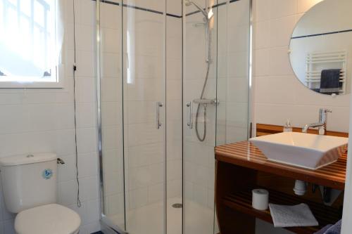 a bathroom with a shower and a toilet and a sink at Le Tertre Gatinais in Saint-Briac-sur-Mer