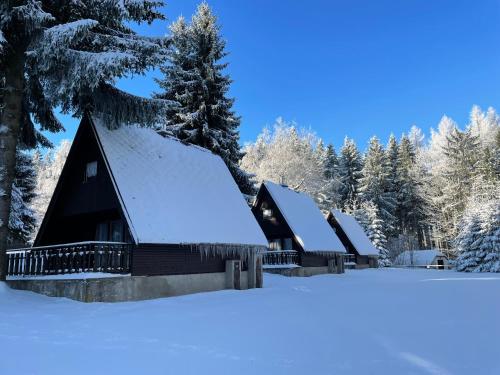 a group of cabins covered in snow at Hotel a Penzion PEGAS in Nové Město na Moravě