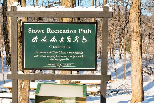 a sign for a snow recreation path in the snow at Historic Charm and Modern Luxury 6 Mi to Stowe Mtn in Stowe