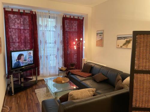 a living room with a couch and a tv at City Apartments Altstadt Stralsund in Stralsund