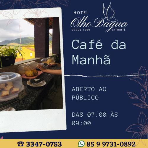 ein Schild für ein Café de Marina mit einer Person, die Essen zubereitet in der Unterkunft Hotel Olho D'água - Baturité in Baturité