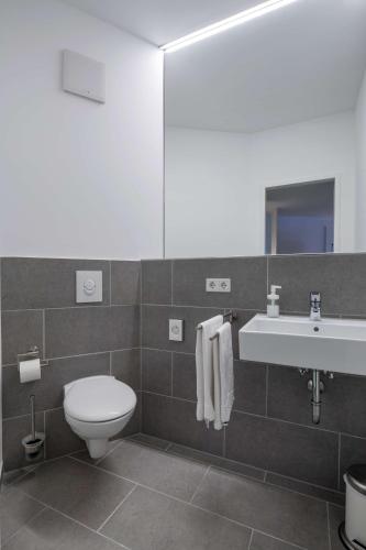 a bathroom with a toilet and a sink at Flowers Hotel Münster in Münster