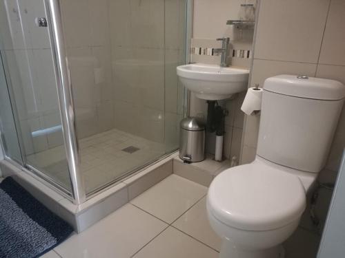 a bathroom with a shower and a toilet and a sink at Beachfront - 34 Blue Largo in Westbrook