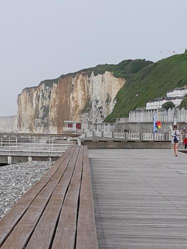 une personne marchant sur une promenade à côté d'une falaise dans l'établissement résidence des bains, à Veules-les-Roses