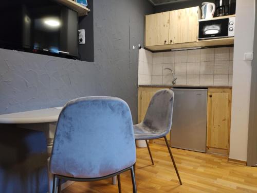 a kitchen with two chairs and a table at Hotel Garni Forsthaus Ruhpolding in Ruhpolding