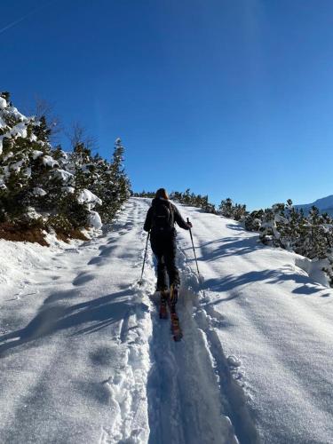 a person cross country skiing down a snow covered road at Ferienwohnungen Hechenblaikner in Maurach
