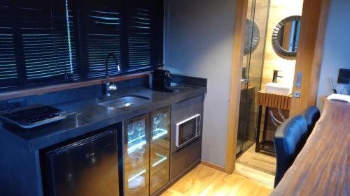 a kitchen with a sink and a microwave at Tinyhouse da Floresta in Urubici