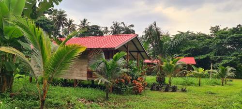 a small house with a red roof in a field at Gombela Ecolodge and Farming in São Tomé