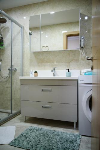 a bathroom with a sink and a washing machine at Apartman Jaman - Novi Pazar in Novi Pazar