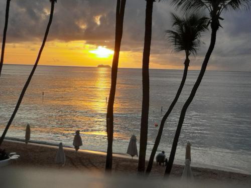 a sunset on a beach with palm trees and the ocean at Westskye in Saint James