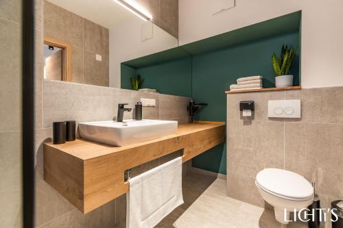 a bathroom with a sink and a toilet at Lichti´s Rooms & Appartements in Aspang Markt