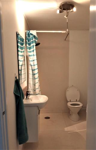a bathroom with a sink and a toilet at Nabo til domkirken in Viborg