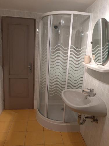 uma casa de banho com um chuveiro e um lavatório. em Forrás-hegyi Apartman em Felsőörs