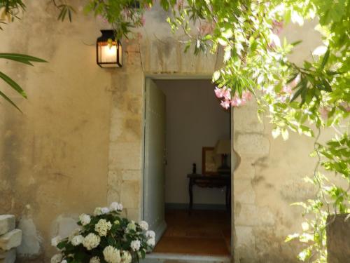 an entrance to a building with flowers in a doorway at Face au Palais in Avignon