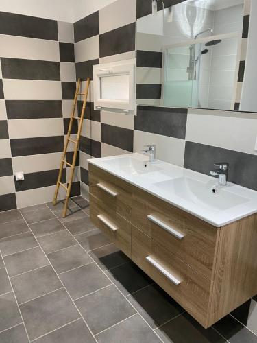 un bagno con lavandino e specchio di La maison des biquettes a Romorantin