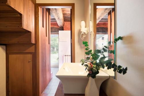 un baño con lavabo y una planta en un jarrón en Casas Rurales Molinias, en Fosado