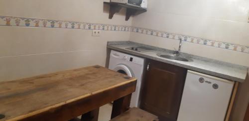 Una pequeña cocina con fregadero y lavadora. en Casa Antonio y Benina, en Sosas de Laciana