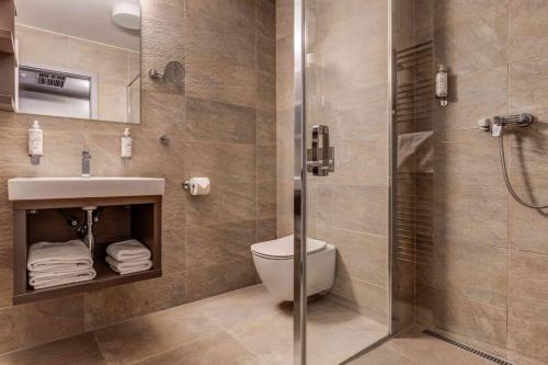 a bathroom with a shower and a toilet and a sink at Wellness Hotel Volarik in Mikulov