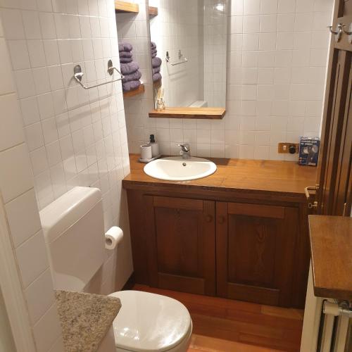 uma casa de banho com um lavatório, um WC e um espelho. em Appartamento Dimora in Piazza -Locazione Turistica Santa Maria Maggiore em Santa Maria Maggiore