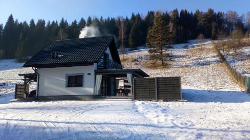 a small house in the snow with smoke coming at Leśny Zaułek in Muszyna