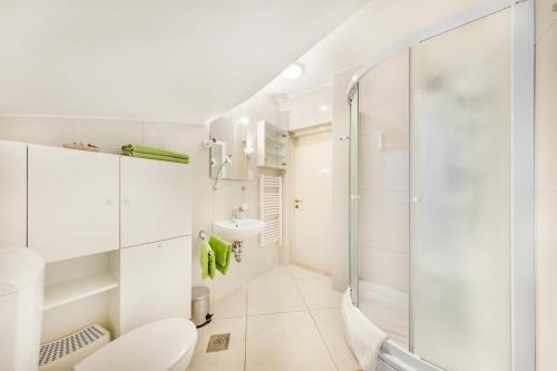 a white bathroom with a shower and a toilet at Apartment Vala in Zaton