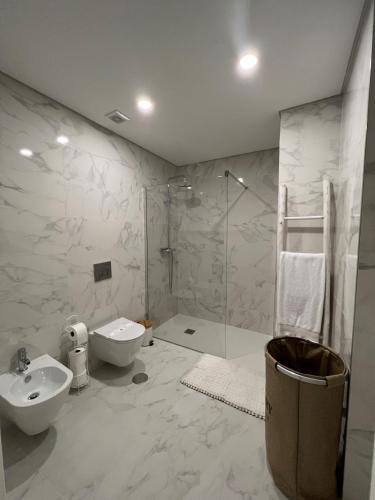 a bathroom with a shower and a sink and a toilet at Apartamento Prestige Tondela in Tondela