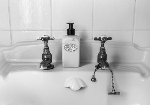 a bathroom sink with a bottle of soap and two faucets at The Neuk in North Berwick