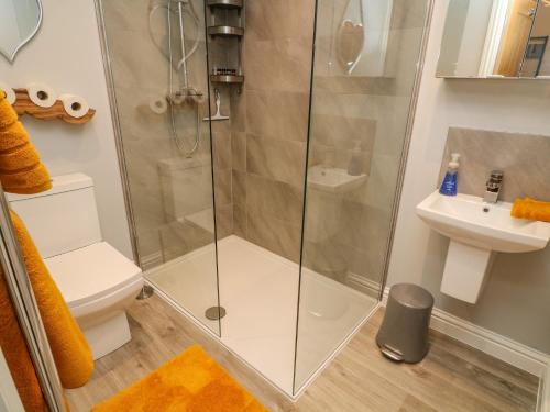 a bathroom with a shower and a toilet and a sink at Market Lounge in Clitheroe