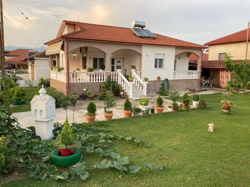 a house with a yard with potted plants at Suzie's House - Road to Loutra Pozar in Polykárpion