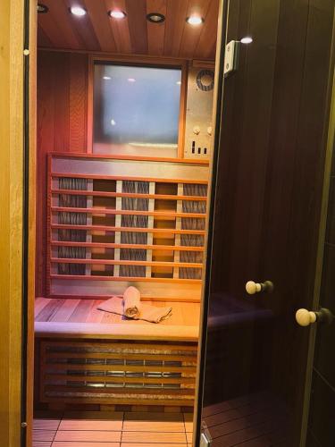 a room with a closet with a glass door at Apartament Aretta in Braşov