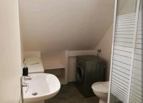 a small bathroom with a toilet and a sink at Appartement calme aux portes de Rennes in Vezin-le-Coquet