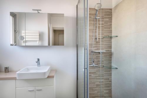 une salle de bain avec un lavabo et une douche avec un miroir dans l'établissement Appartement avec vue sur l'Erdre pour 4 personnes, à Nantes