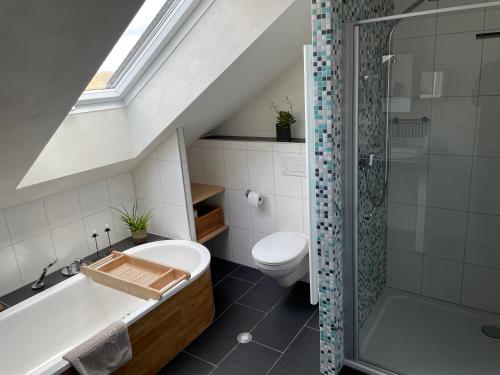a bathroom with a toilet and a bath tub at Ferienwohnung Nussbaum-Nest in Hausen