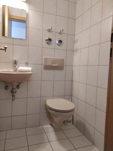 a bathroom with a toilet and a sink at Fewo Sonntagshorn in Ruhpolding